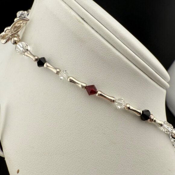 Sterling Silver Necklace With Red Black & Clear Crystal Dangle Beads Wire Wrappe - Picture 7 of 9